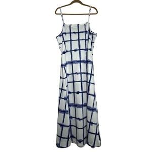 Grid Print Midi Slip Dress Blue White Windowpane V Neck Sleeveless Dress Sz 2XL